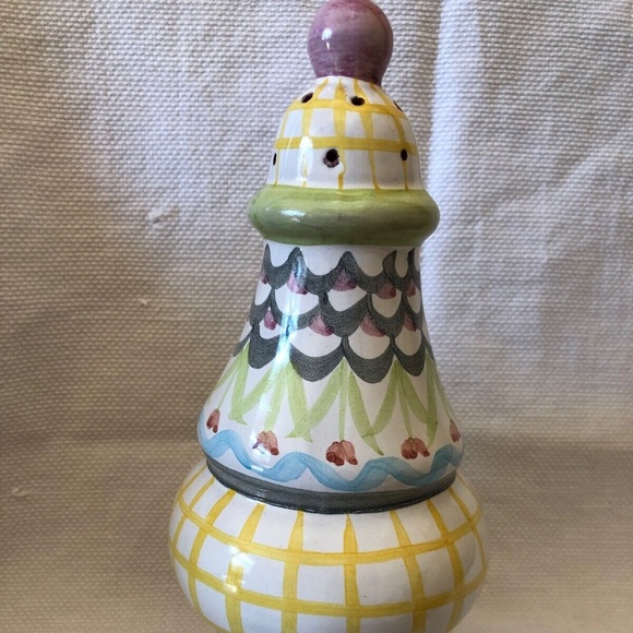 Retired Mackenzie Childs Yellow Checked Floral Sugar Shaker 5.13" x 2.88" - Picture 1 of 3